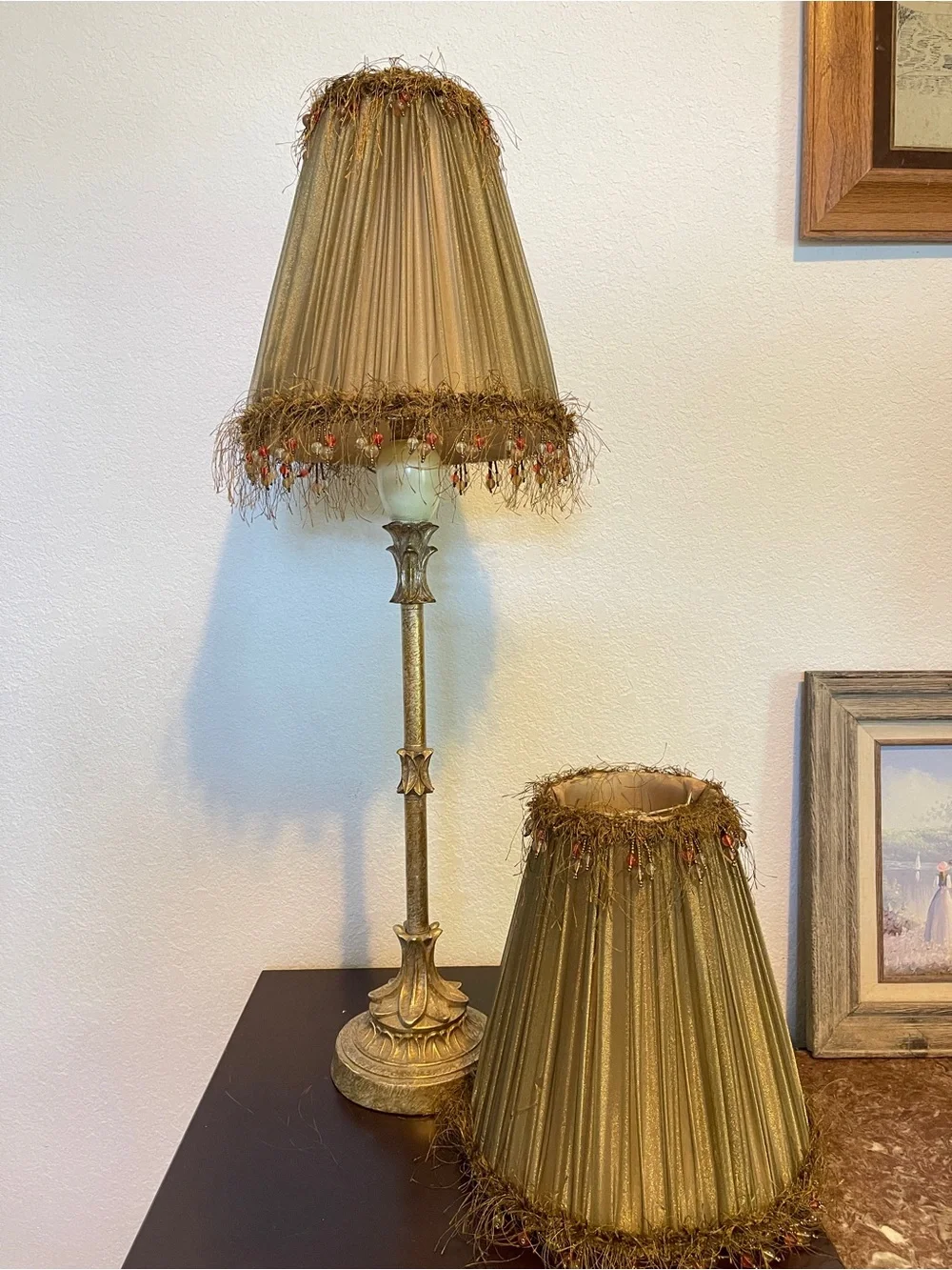 Vintage Victorian-style fringed beaded lampshade with a pleated, shimmery fabric